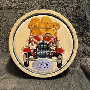 😉Bundle Days😉 Vintage Metal Cookie Tin Featuring A Classic Red Car Advertisement